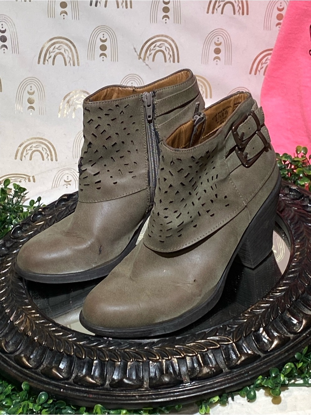 Women's Taupe Ankle Booties with Cutout Detail